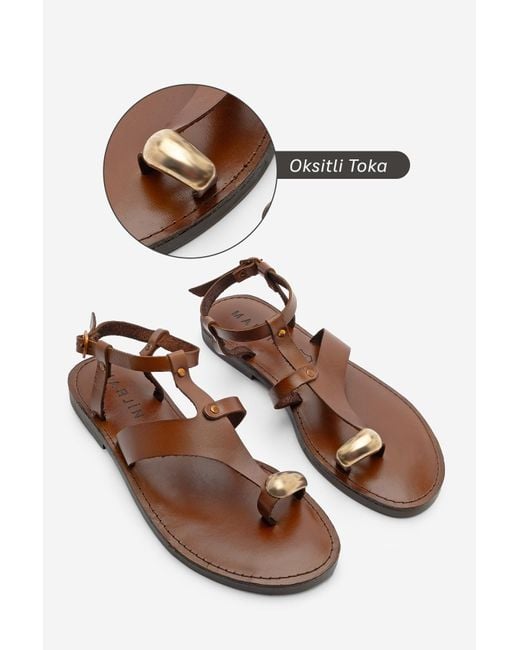 Marjin Brown Sandalen Aus Echtem Leder Mit Schnalle, Lässig, Mit Riemen Hinten, Hellbraun Für Damen