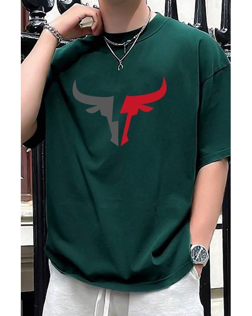 uyguntarz Übergroßes T-Shirt Mit Bullensilhouette-Aufdruck Für Herren in Green für Herren