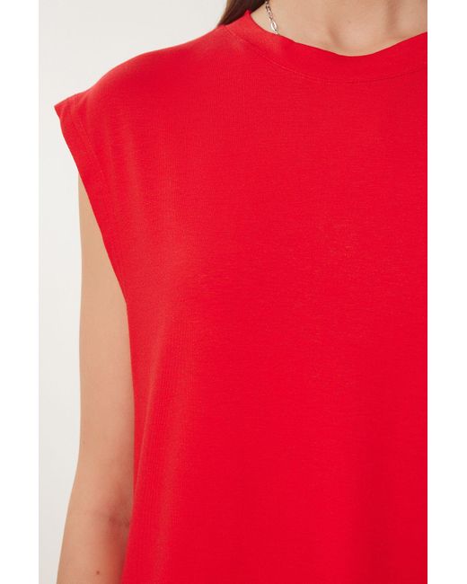 Happiness İstanbul Red Rotes Basic-Strick-T-Shirt Für Damen