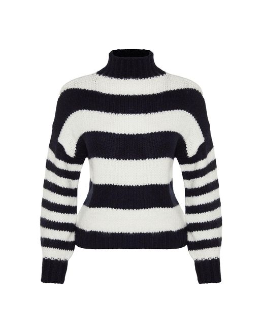 Trendyol Blue Marineblauer, Weich Strukturierter Strickpullover Mit Farbblock Und Stehkragen