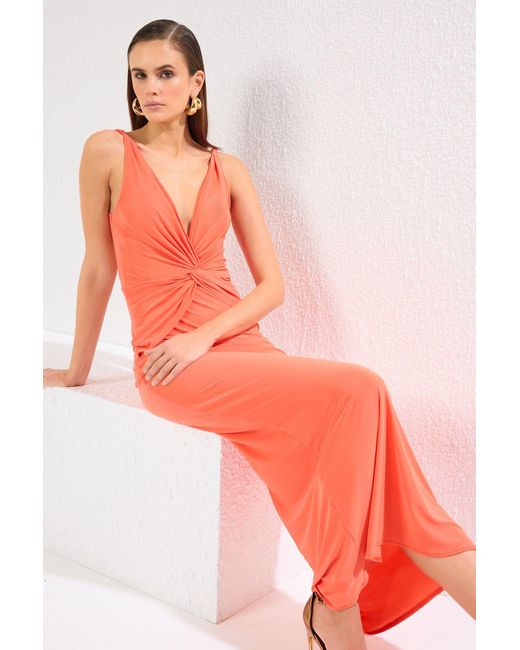Trendyol Red Orangefarbenes, Gestricktes, Langes, Stilvolles Abendkleid Mit Zweireihigem Ausschnitt Für Damen