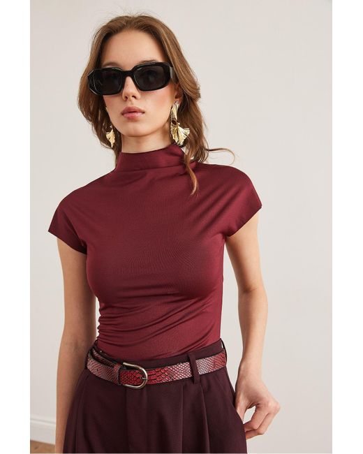 Olalook Red Burgunderrote Bluse Mit Stehkragen Und Fledermaus-Crop-Micro-Bluse Blz- 19002873 Für Damen