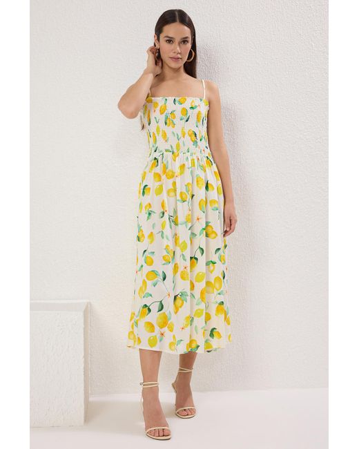 Trendyol Metallic Gelber Tropischer Midirock – Gewebtes Kleid Mit Gipsverschluss An Der Taille Für Damen