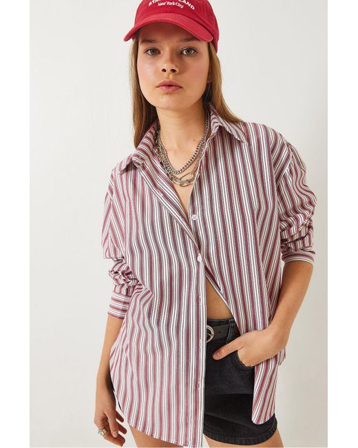 Bianco Lucci Red Gestreiftes Reguläres Basic-Viskosehemd 4766 Für Damen