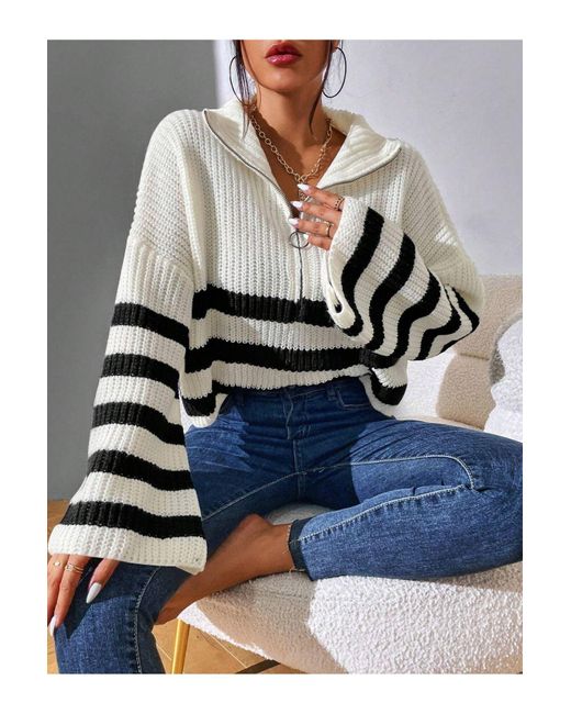 Know Blue Schwarz Gestreifter Weißer Strickpullover – Halber Reißverschluss, Schulterfrei Für Damen
