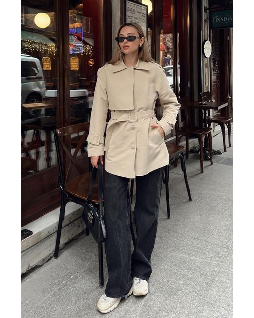 Olcay Black Gefütterter Kurzer Trenchcoat Mit Umhang Und Gürtel-Detail Bej Für Damen