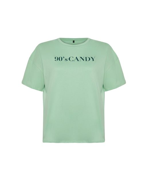 Trendyol Green Mintfarbenes, bedrucktes strick-t-shirt mit rundhalsausschnitt und weiter passform