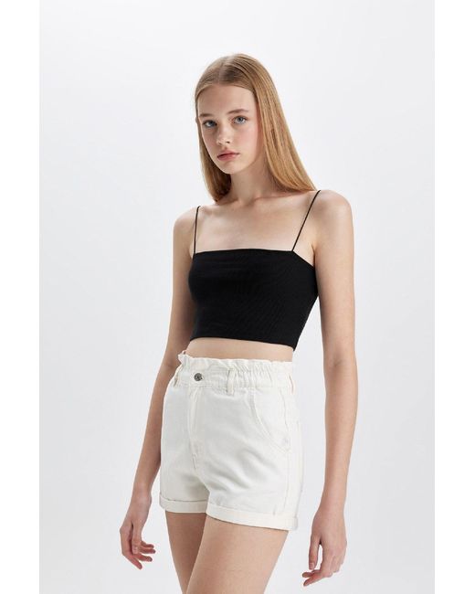 Defacto White Jeansshorts Mit Hoher Taille Und Gefaltetem Paperbag-Schnitt C2434Ax24Hs Für Damen