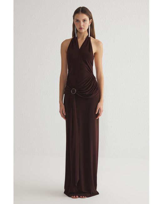 Trendyol Brown Braunes, Detailliertes, Gestricktes, Langes, Stilvolles Abendkleid Für Die Nacht, Abschlusskleid Für Damen