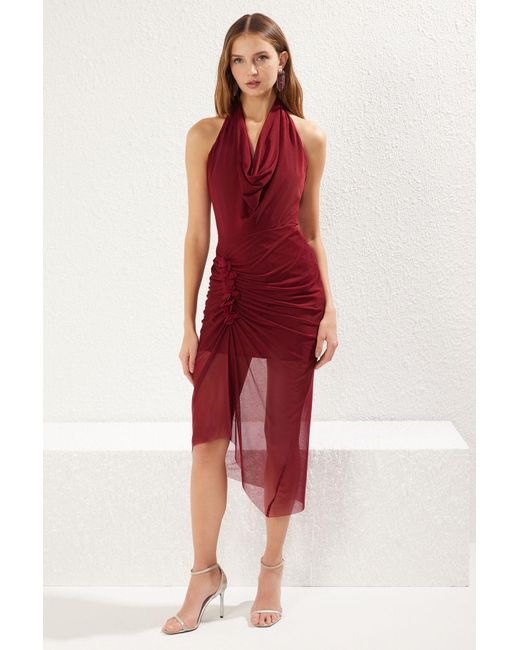 Trendyol Red Burgunderrotes, Drapiertes, Mit Blumen Verziertes, Detailliertes, Mit Tüll Gefüttertes Strickkleid Für Damen