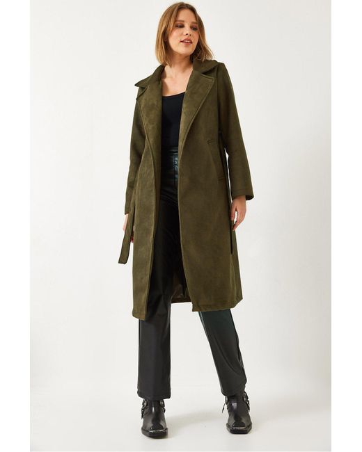 Bianco Lucci Green Kaschmirmantel 2606 Mit Zweireihigem Kragen Und Gürteltaschendetail Für Damen