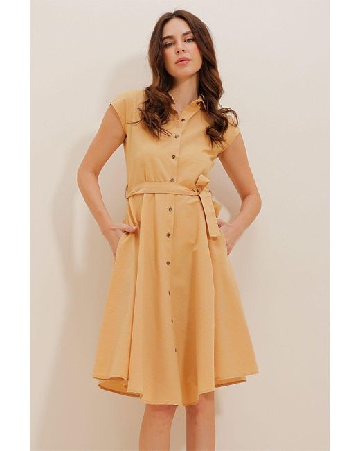 Trend Alaçatı Stili Natural Senfgelbes Mini-Hemdkleid – Mit Gürtel, Gewebt, Für Damen
