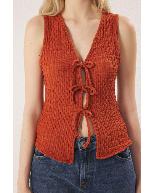 Trendyol Red Strickbluse Mit Flexibler Fliesenstruktur Und Bindedetail – Für Damen