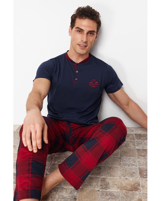 Trendyol Marineblaues pyjama-set aus kariertem strick in normaler passform in Red für Herren