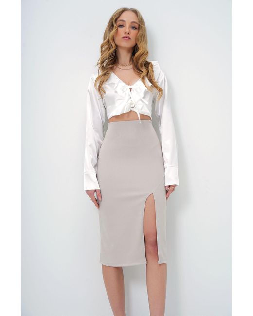 Trend Alaçatı Stili Natural Beigefarbener Ottoban-Rock Mit Schlitz Für Damen
