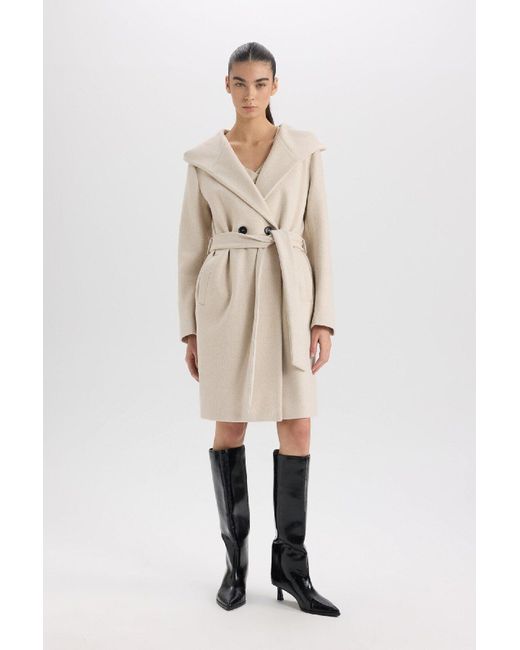Defacto Natural Langer Kaschmirmantel Mit Kapuze Und Knopfgürtel A0991Ax24Wn Für Damen
