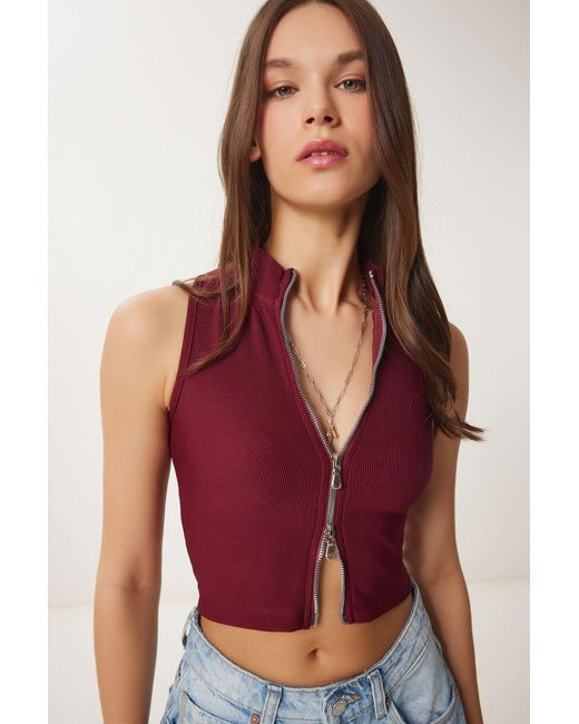 Happiness İstanbul Red Burgunderrote Cord-Crop-Bluse Mit Reißverschluss Für Damen