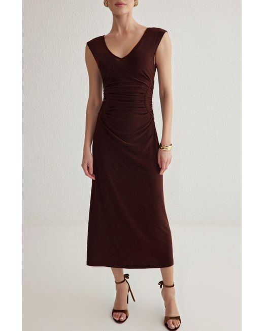 Trendyol Brown Braunes, Gerafftes, Gestricktes, Schickes Kleid Mit V-Ausschnitt Für Damen