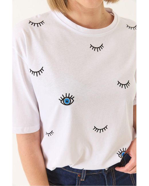 Bianco Lucci White T-Shirt Aus Baumwolle Mit Kurzen Ärmeln Und Augenmuster