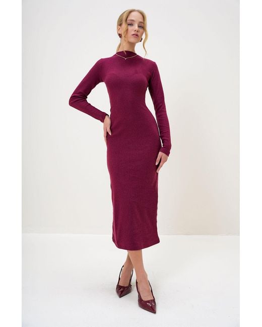 Trend Alaçatı Stili Red Burgunderrotes Maxikleid Mit Rundhalsausschnitt Und Langen Ärmeln Aus Interlock-Stoff Für Damen