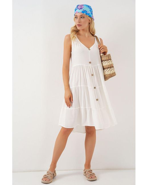 Bigdart White Zero Sleeve Button Short Dress 2571 Weiß Für Damen