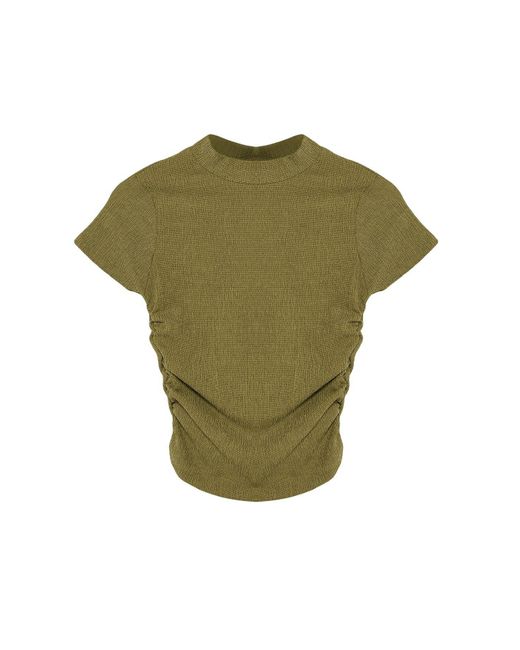 Trendyol Blue Ölgrüne, Dehnbare Strickbluse Mit Stehkragen, Kurzen Ärmeln Und Kordelzugdetail Für Damen