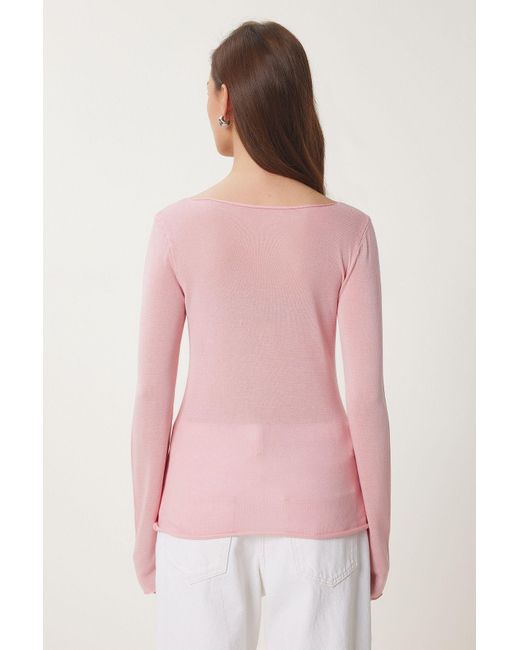 Happiness İstanbul Pink Saisonale Strickbluse Mit U-Boot-Ausschnitt Für Damen