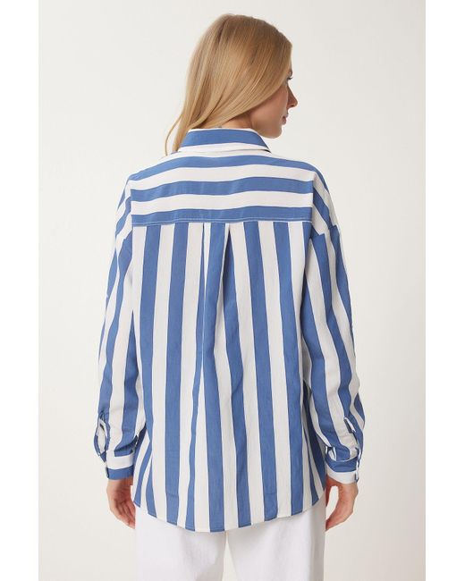 Happiness İstanbul Blue Hemd Mit Knochen-Indigoblau-Streifen, Gewebt, Für Damen