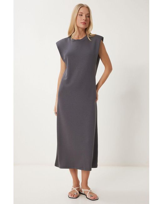 Happiness İstanbul Blue Geräuchertes, Wattiertes Basic-Sommer-Modalkleid Für Damen