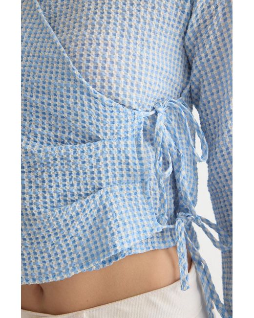 Trendyol Blue Blaue Seersucker-Baumwoll-Webbluse Für Damen