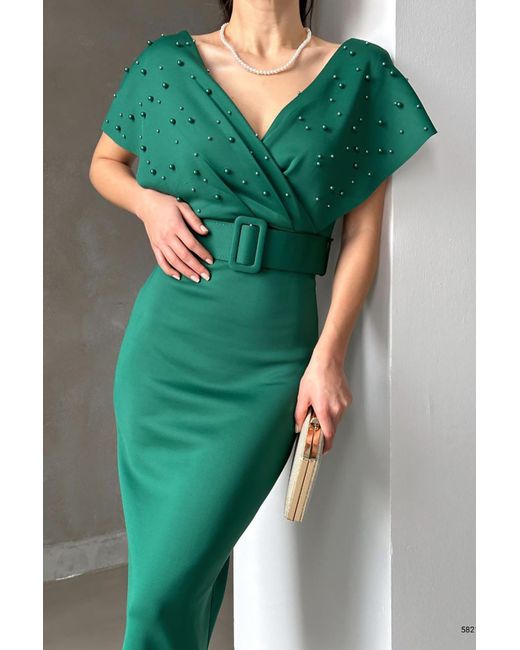 Deafox Green Grünes Kleid Aus Scuba-Stoff Mit Gürtel Und Perlenverzierung Für Damen