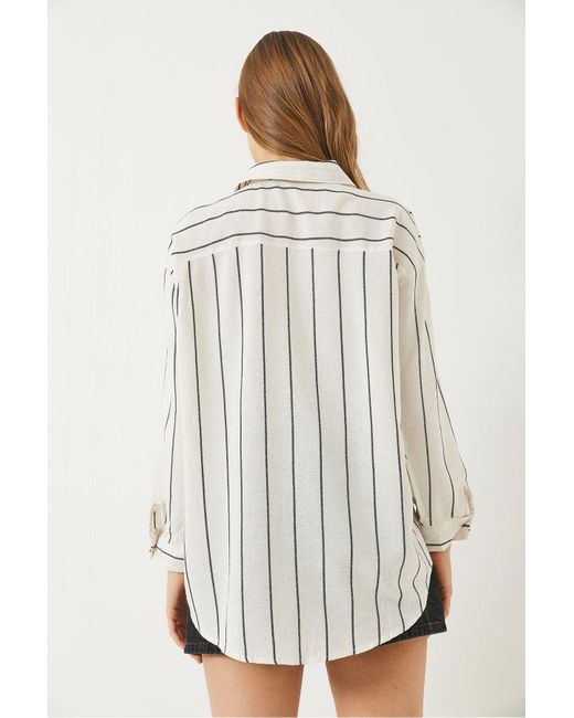 Bianco Lucci Natural Gestreiftes, Langärmliges Hemd Aus Leinen Mit Einer Tasche Und Detailliertem Schnitt Für Damen