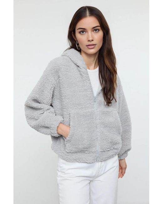 Trendyol Gray Hellgraues Plüsch-Sweatshirt Mit Kapuze Und Reißverschluss – Dick Gestrickt Für Damen