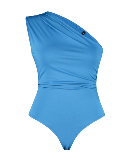 Trendyol Blue Indigo gestrickter body mit asymmetrischem kragen unten und druckknöpfen