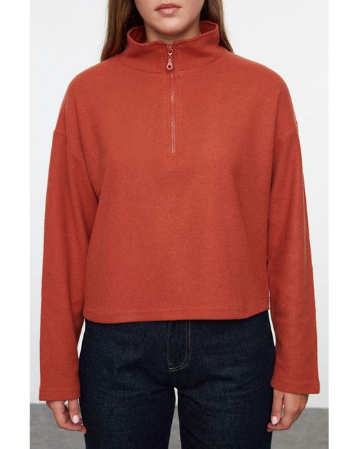 Trendyol Red Ziegelfarbenes Strick-Sweatshirt Mit Reißverschluss Und Thessaloniki-Kragen Regular Fit Twoaw22Sw0732 Für Damen