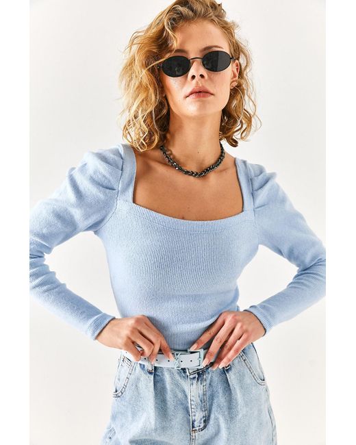 Olalook Blue Babyblaue, Plissierte Schalbluse Mit Quadratischem Kragen Und Ärmeln Für Damen