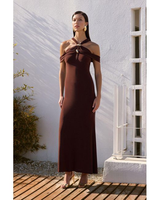 Trendyol Brown Braunes, Figurbetontes, Detailliertes, Gestricktes, Langes, Stilvolles Abendkleid, Nachtabendkleid Für Damen