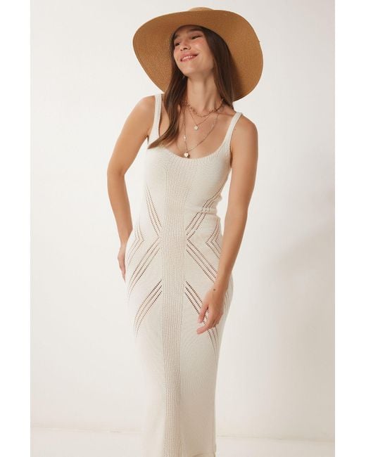 Happiness İstanbul Natural Cremefarbenes Sommer-Strickkleid Mit Durchbrochenen Trägern Für Damen