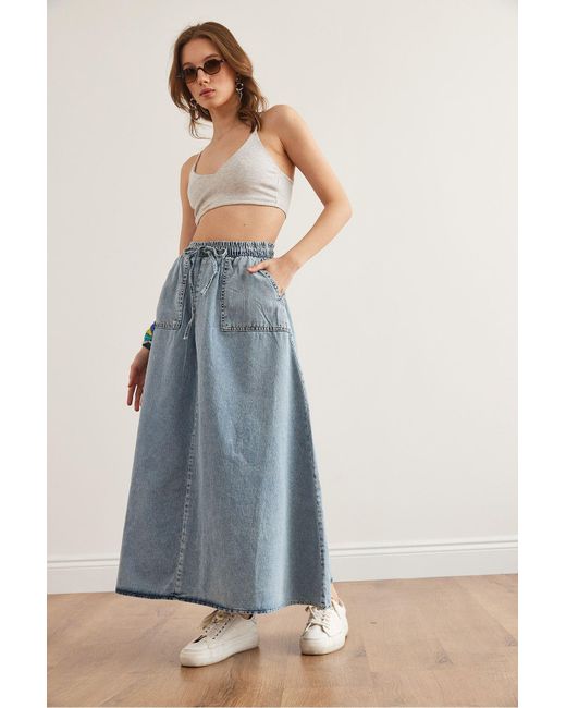 Olalook Blue Blauer Maxi-Jeansrock Mit Taschen Und Schnürung Etk- 19000302 Für Damen