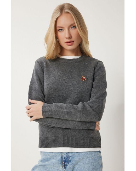 Happiness İstanbul Gray Anthrazitfarbener, Mit Teddybären Bestickter Strickpullover Für Damen