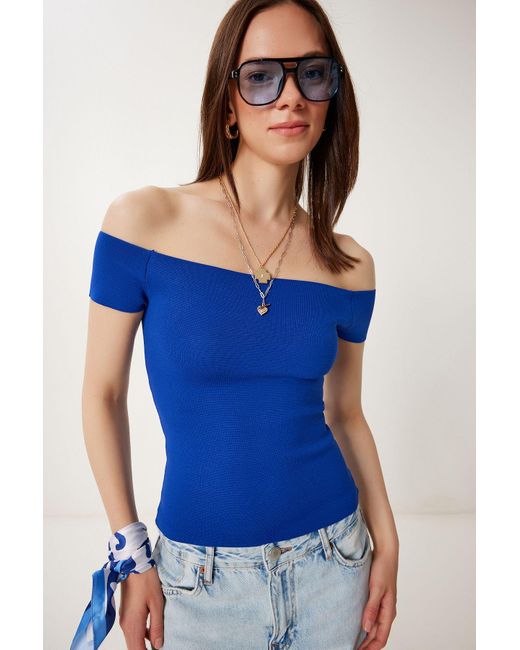 Happiness İstanbul Blue Dunkelblaue Sommer-Strickbluse Mit U-Boot-Ausschnitt Für Damen