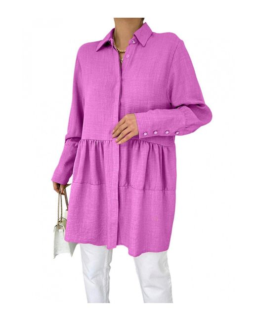 Modamorfo Pink Zusammengesetzte Leinentunika Mit Steinknöpfen An Der Armmanschette Für Damen