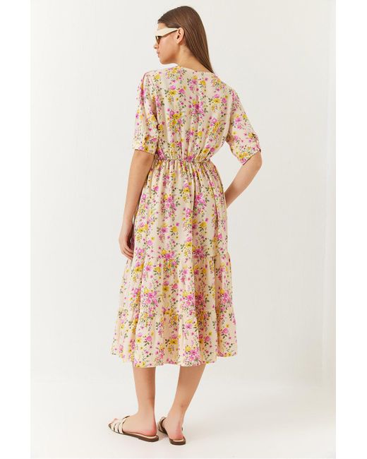 Bianco Lucci Natural Kleid Aus Viskose Mit Zweireihigem Ausschnitt Und Blumenmuster Und Kurzen Ärmeln Für Damen