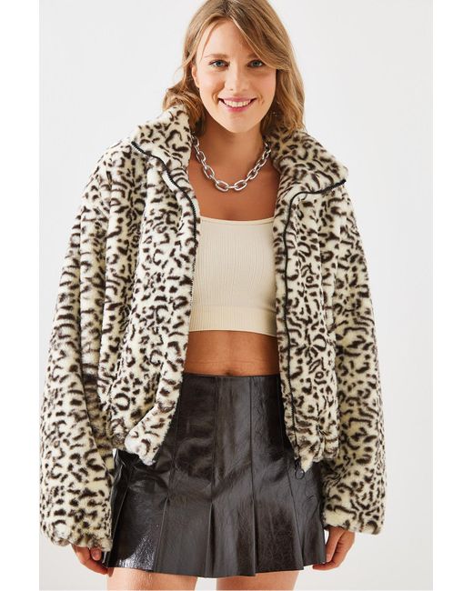 Bianco Lucci Natural Mantel Aus Kunstfell Mit Leopardenmuster – 2426 Für Damen