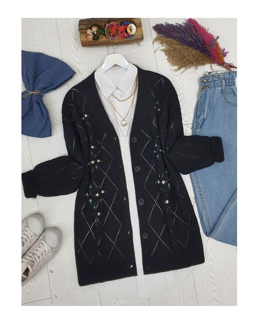 Modamorfo Blue Geknöpfter Strick-Cardigan Mit Durchbrochener Blumenstickerei – Für Damen