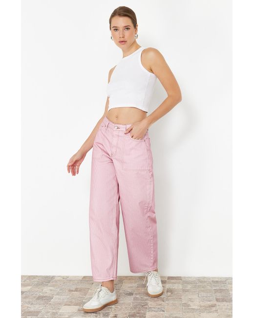 Trendyol Pink Gestreifte barrel-jeans mit hoher taille