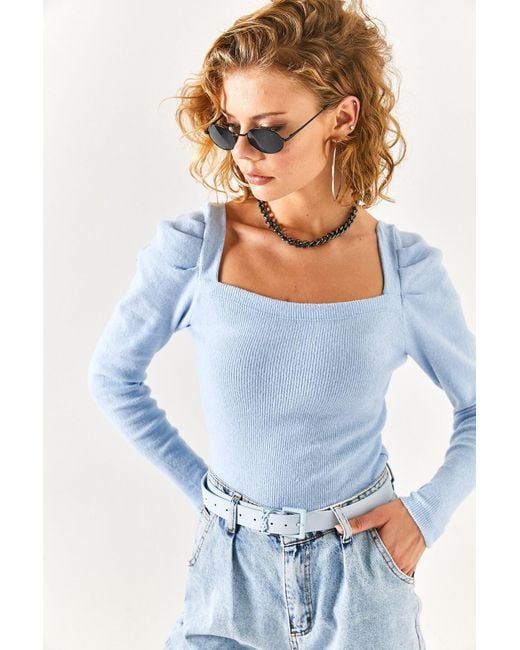 Olalook Blue Babyblaue, Plissierte Schalbluse Mit Quadratischem Kragen Und Ärmeln Für Damen