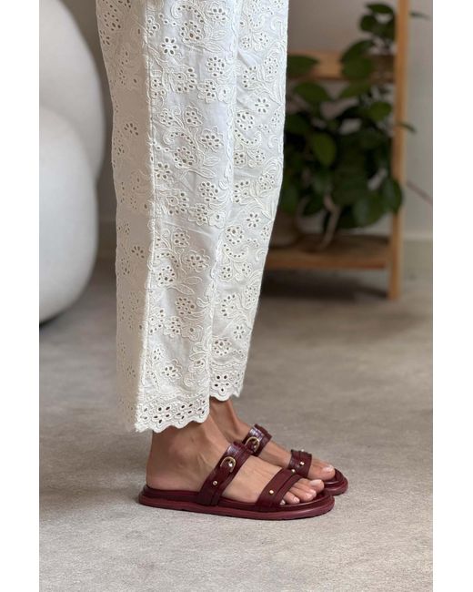 NİŞANTAŞI SHOES Multicolor Zizi Burgundy Matte Schnalle Detaillierte Doppel Band Flache Sohle Hausschuhe Für Damen