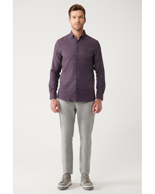 AVVA Hemd Aus Flexibler Baumwolle Mit Bordeauxrotem Knopfkragen, Gemustert, A32Y2145 Für Herren in Purple für Herren