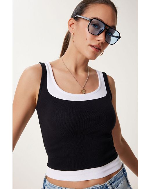 Happiness İstanbul Black Schwarze Kontrastfarbene Strickbluse Mit Dicken Trägern Für Damen